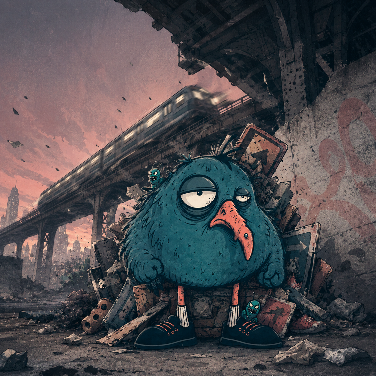 Pudgeon standing beneath an old railway bridge with Nib and Bit