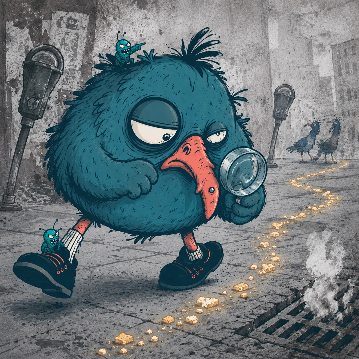 Pudgeon and his two parasites hunting for the perfect crumb in the city
