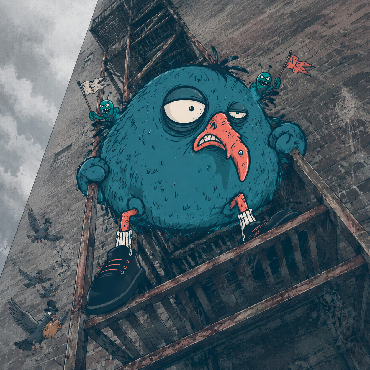 Pudgeon climbing an impossible fire escape