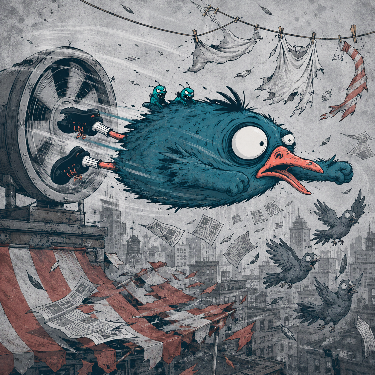 Pudgeon blasted through the skyline by a ventilation fan