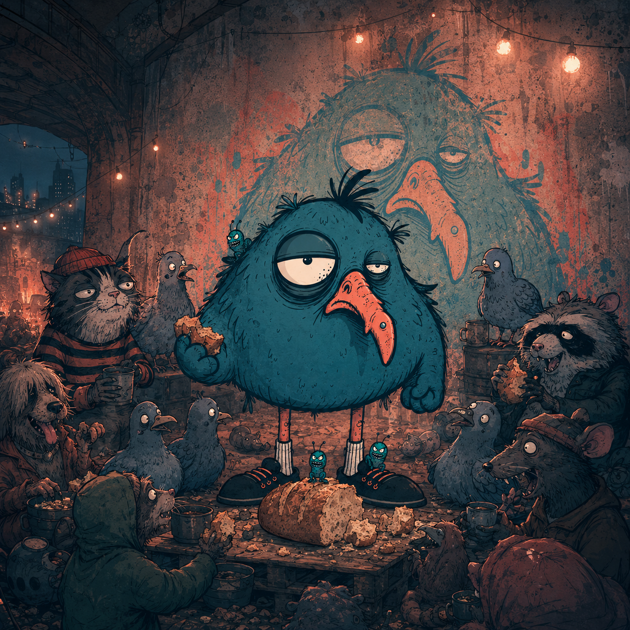 Pudgeon sharing bread with the strange creatures beneath the bridge